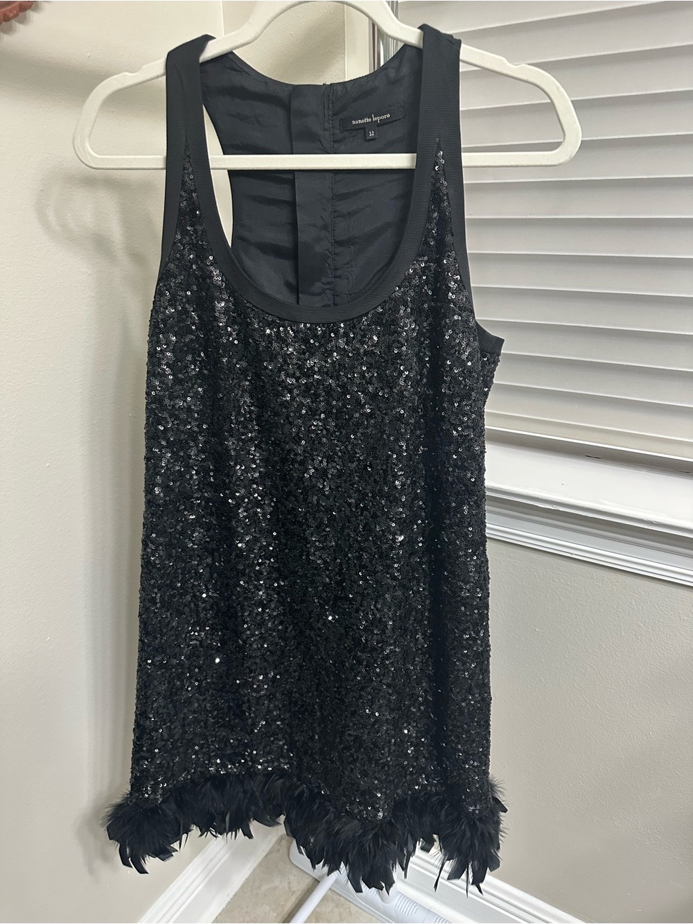Nanette Lepore Black Sequin Mini Dress with Feather Hem, 12